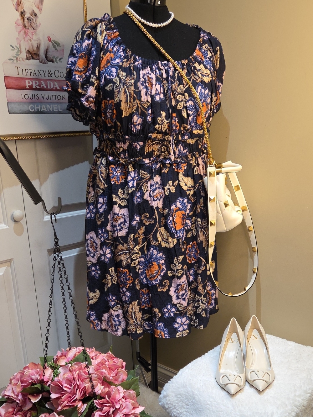 Nwt 2X Nicolle MILLER Floral Smocked Midi Dress in Navy and Pink B1